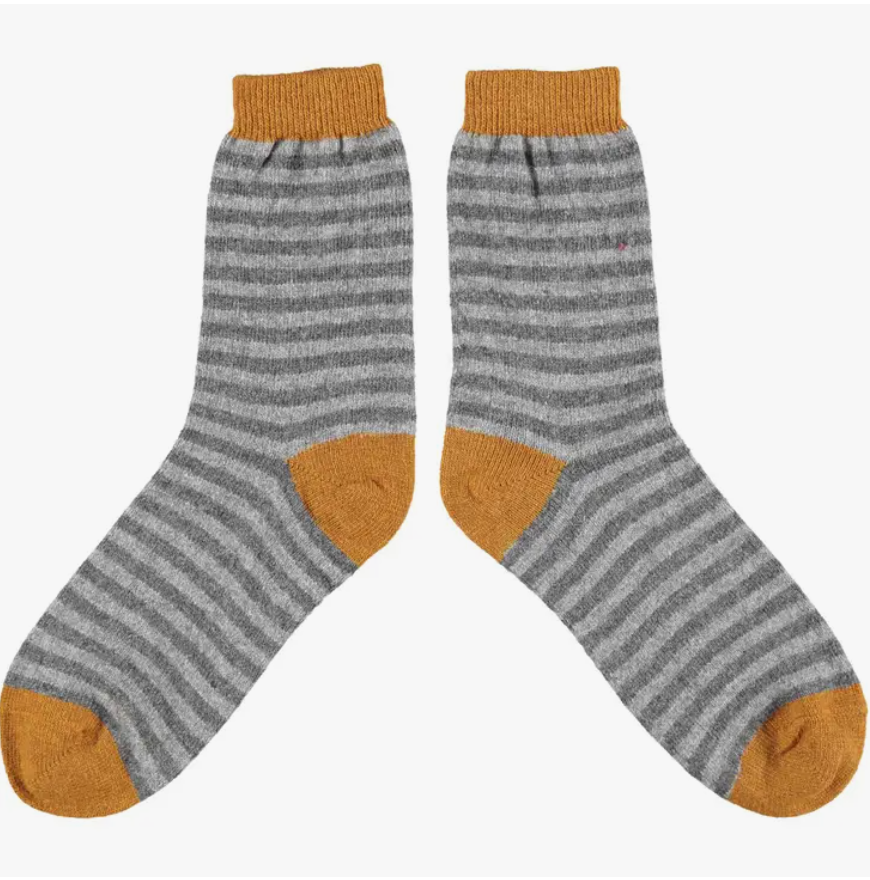 Catherine Tough Stripes lambswool women's crew socks featuring ginger cuff, heel and toe with alternating gray stripes