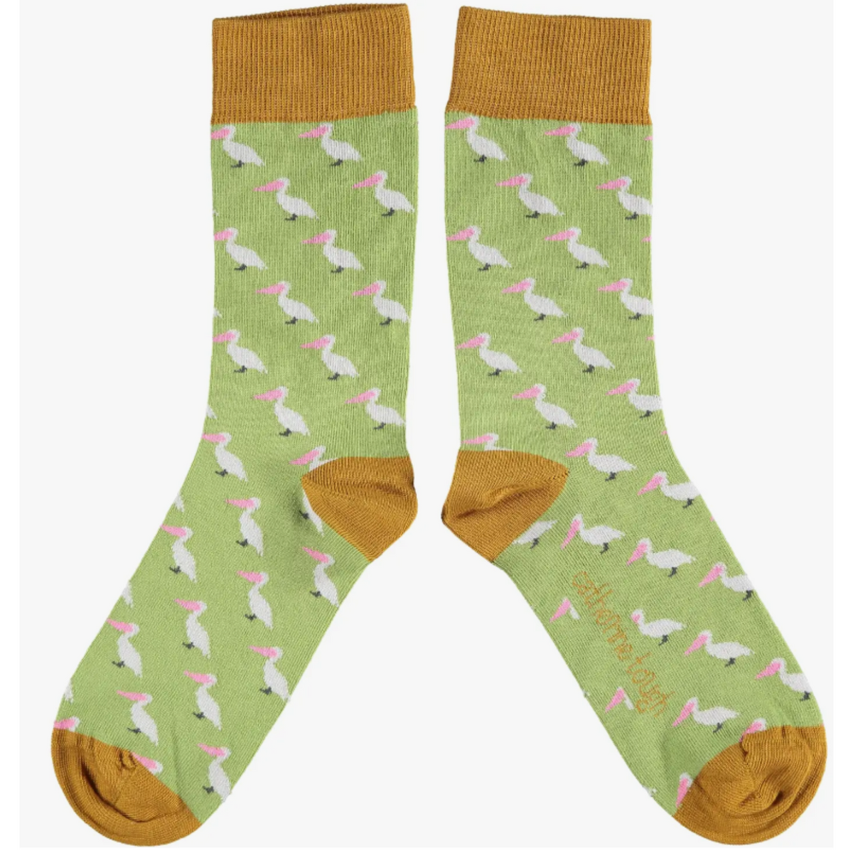Catherine Tough Pelican green women&#39;s sock featuring white pelicans with pink bills on green background with ginger cuff, heel, and toe