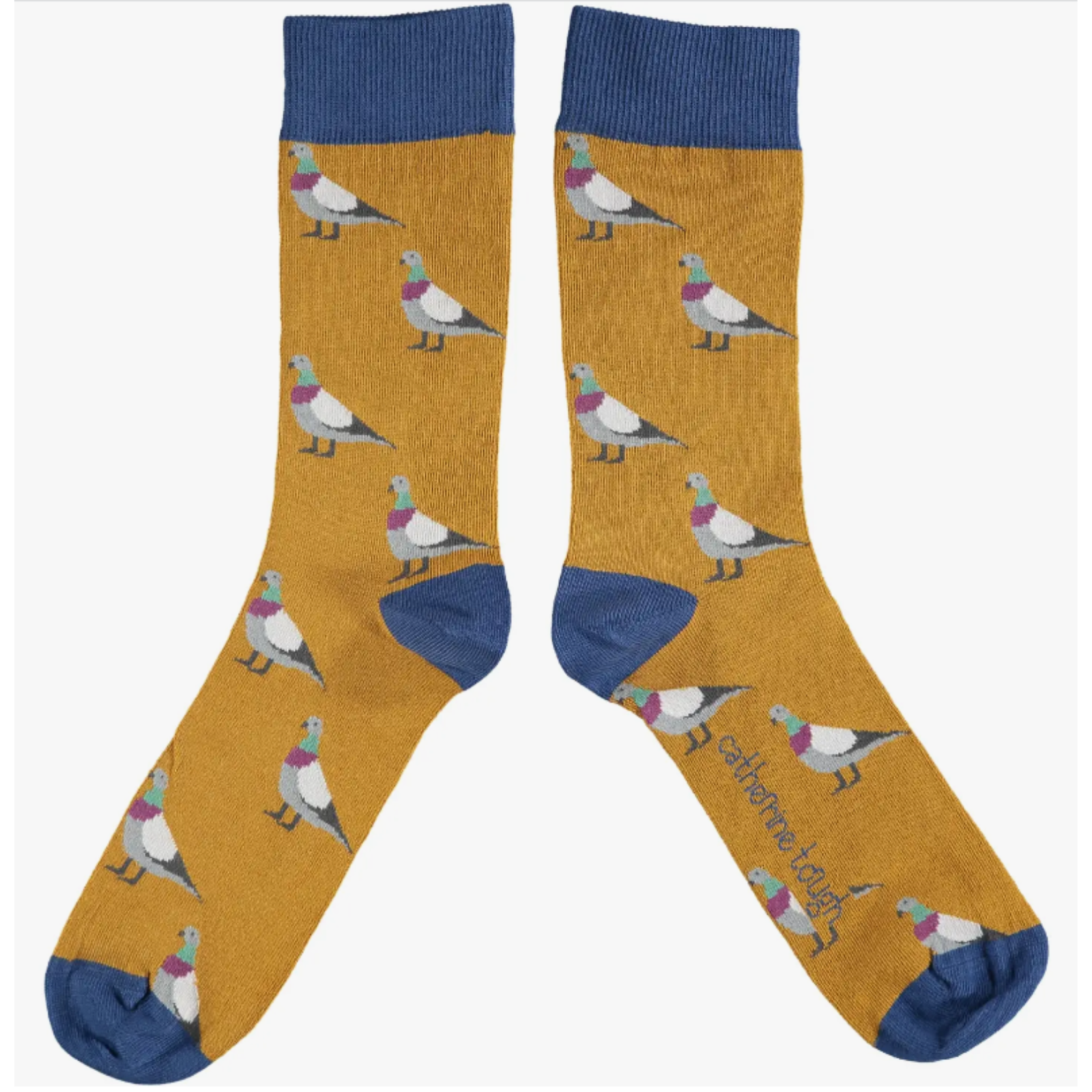 Catherine Tough men's pigeon socks design features gray pigeons on a ginger base framed with soft blue cuffs, heels & toes