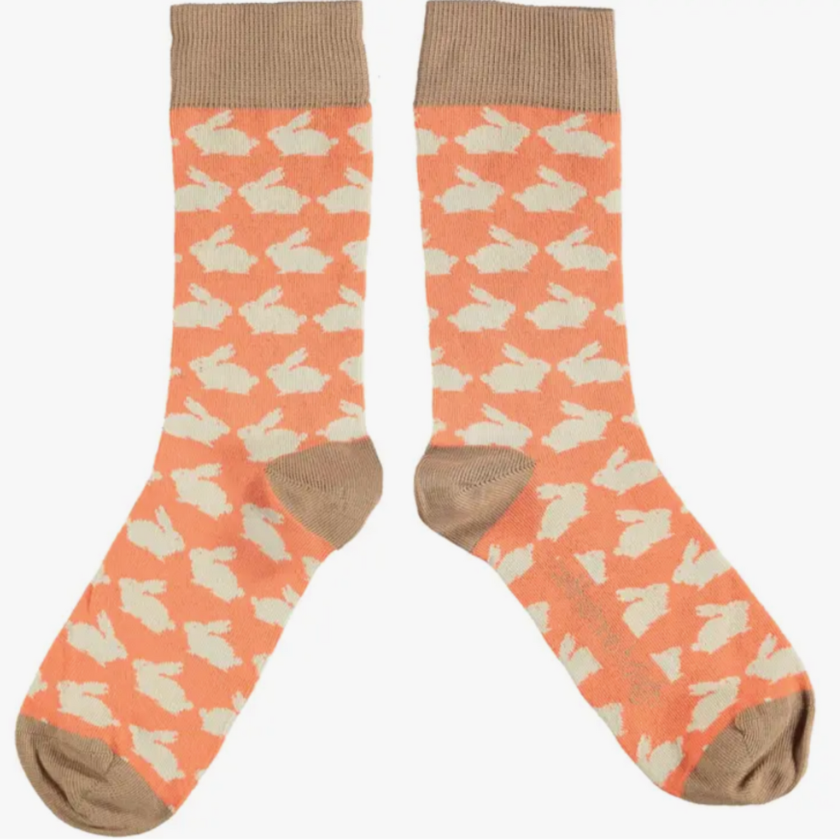 Catherine Tough Rabbit cotton women&#39;s crew socks with white rabbit silhouettes on a peach background with brown cuff, heel and toe