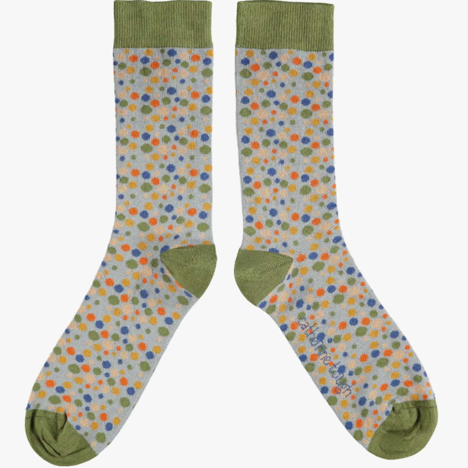 Catherine Tough men's polka dot sock design features multi-colored polka dots on a gray base framed with olive cuffs, heels & toes.