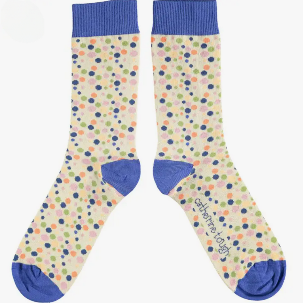 Catherine Tough Polka Dot cotton women&#39;s crew socks. The design features blue, green, pink and more polka dots framed with soft blue cuffs, heels &amp; toes.
