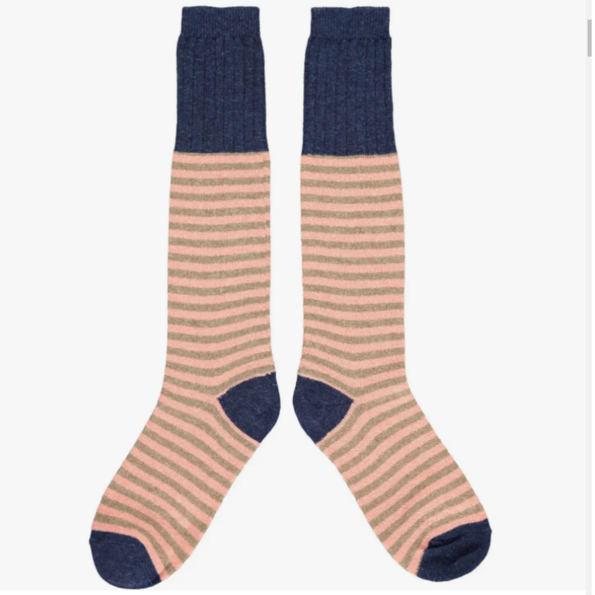 Catherine Tough women&#39;s lambswool knee socks featuring salmon pink and taupe stripes with navy blue cuffs, heels, and toes.