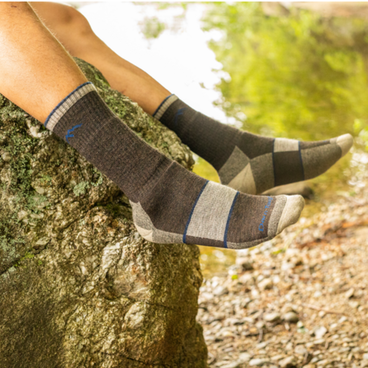 Darn Tough 1405 Hiker Boot with Full Cushion Midweight Men&#39;s crew Sock in chocolate. Socks shown on model. 