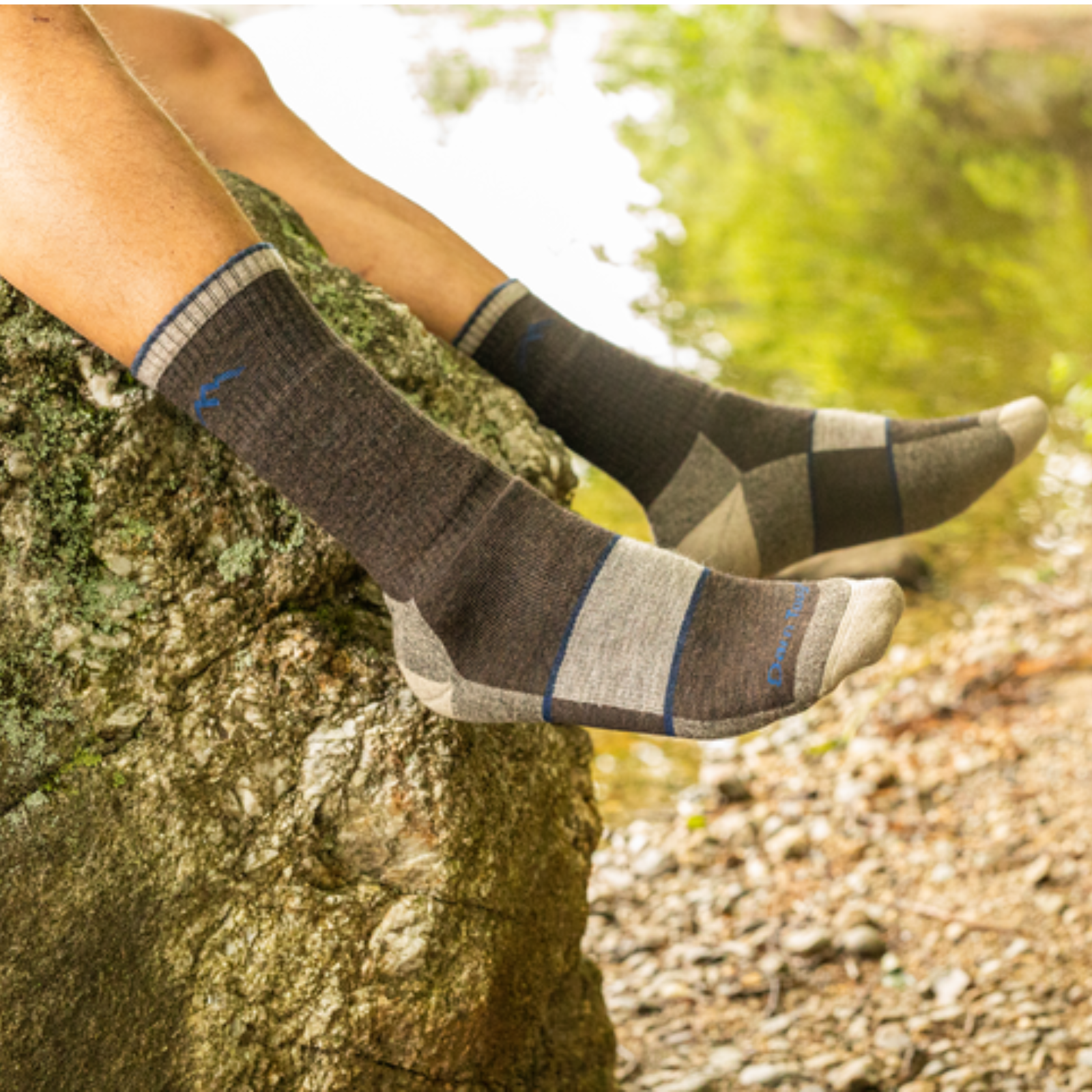 Darn Tough 1405 Hiker Boot with Full Cushion Midweight Men's crew Sock in chocolate. Socks shown on model. 
