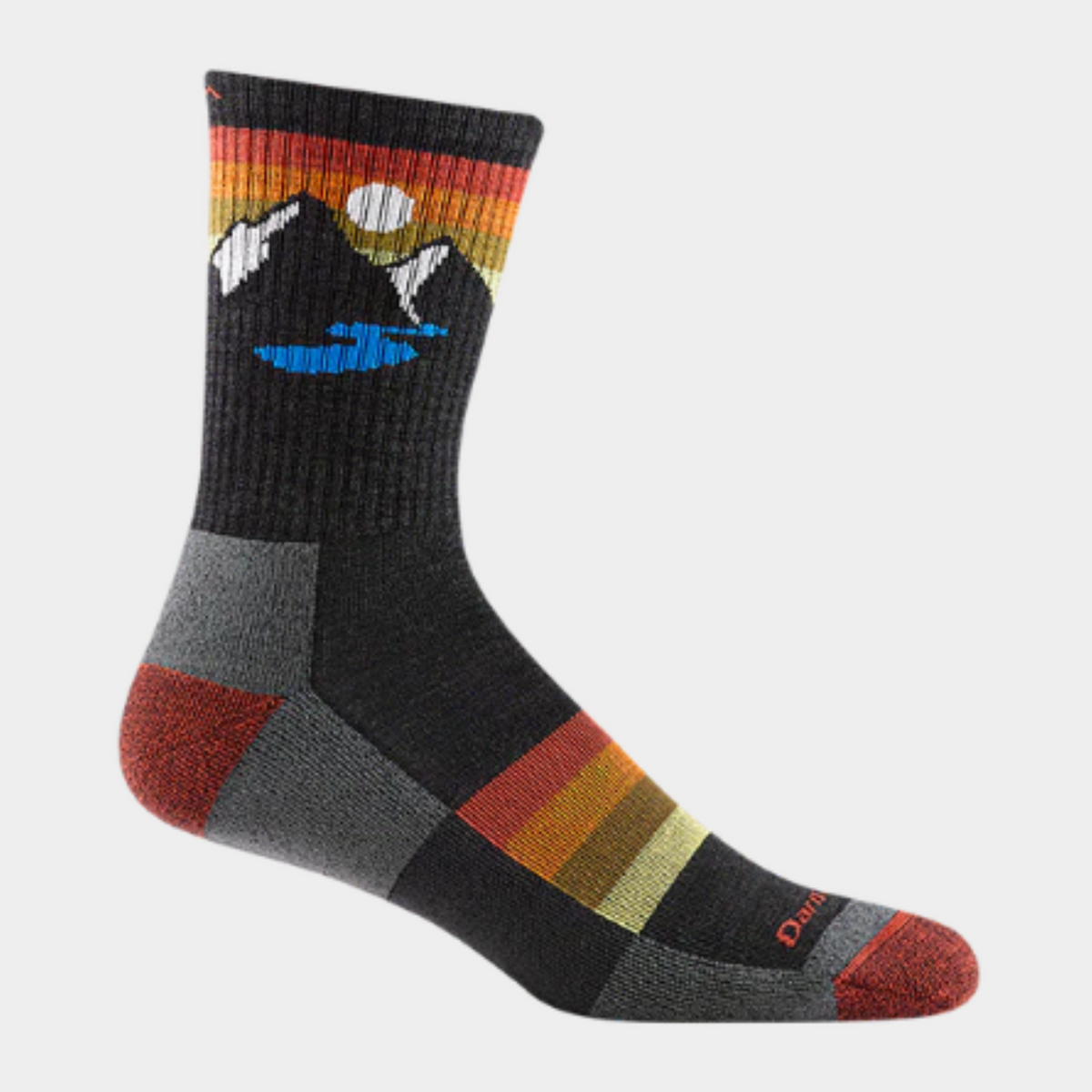 Darn Tough 1997 Sunset Ridge Micro Crew Lightweight Cushion Hike men&#39;s sock featuring stripes, mountains, a river, and a moon on display