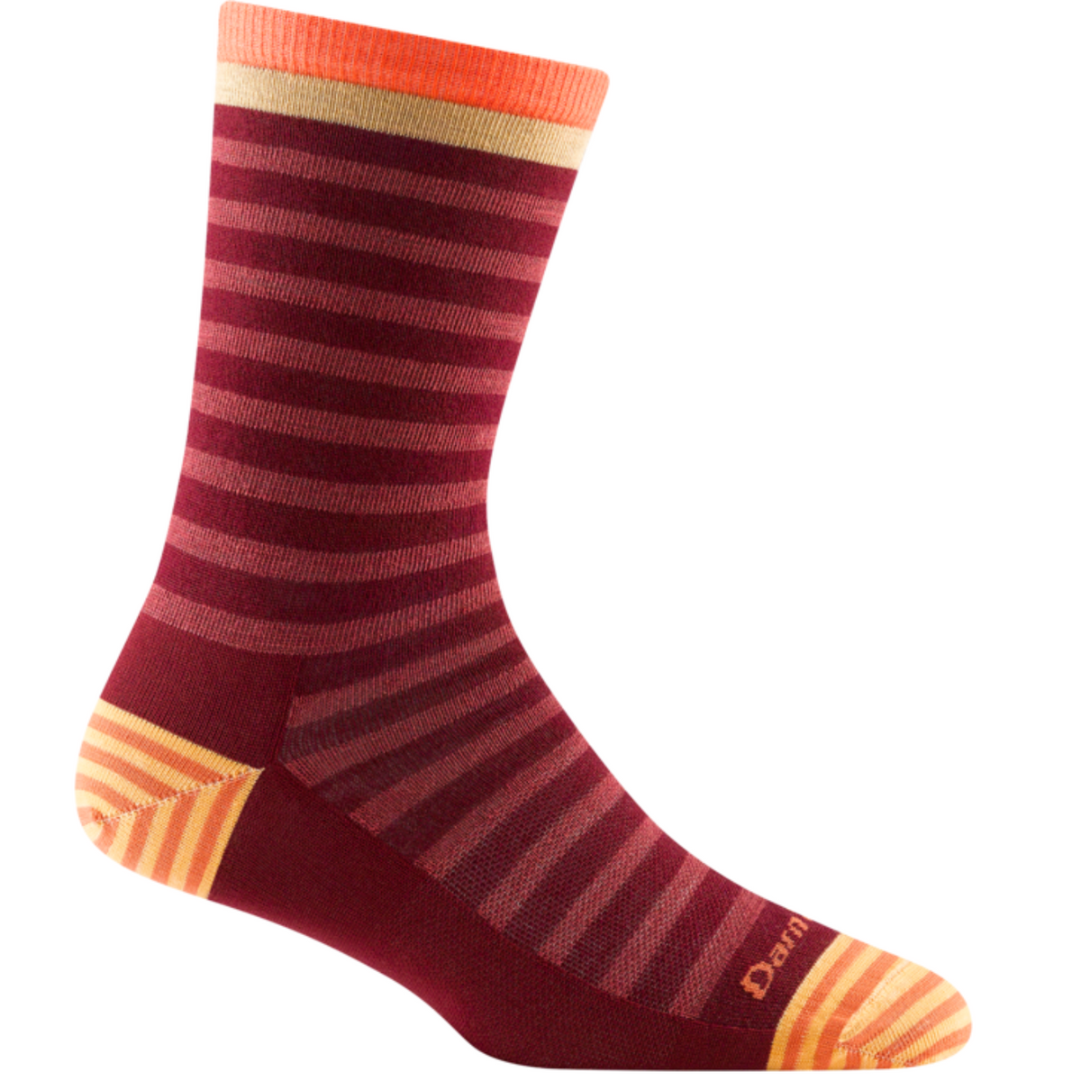 Darn Tough 6039 Morgan Lightweight Lifestyle Crew women&#39;s sock in burgundy featuring red and pink stripes on display