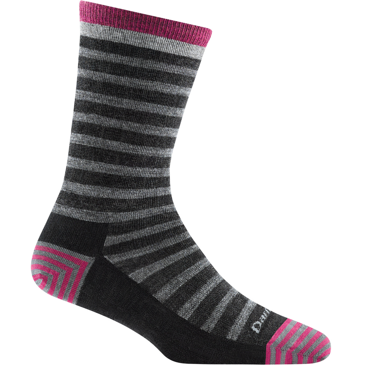 Darn Tough 6039 Morgan Lightweight Lifestyle Crew women&#39;s sock in charcoal featuring gray and charcoal stripes on display