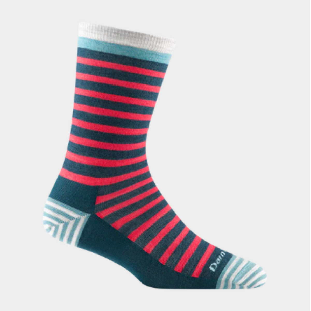Darn Tough 6039 Morgan Lightweight Lifestyle Crew women&#39;s sock in teal featuring teal and pink stripes on display