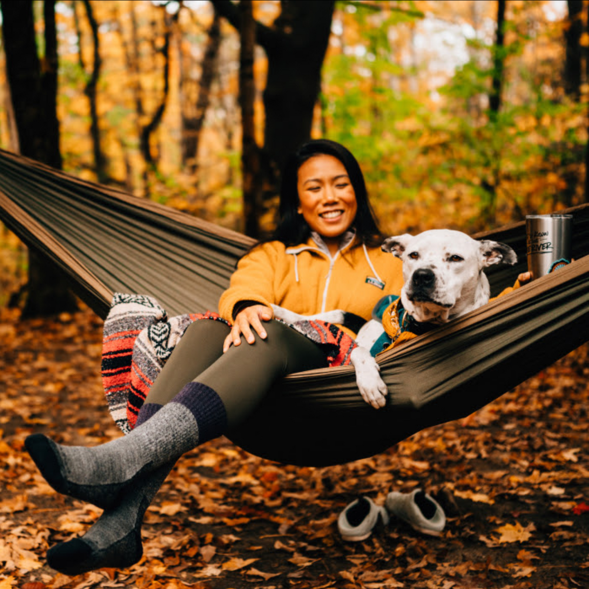 Darn Tough 1983 Scout Midweight Hiking Boot women&#39;s sock featuring grey sock with purple cuff worn by model in a hammock with a dog
