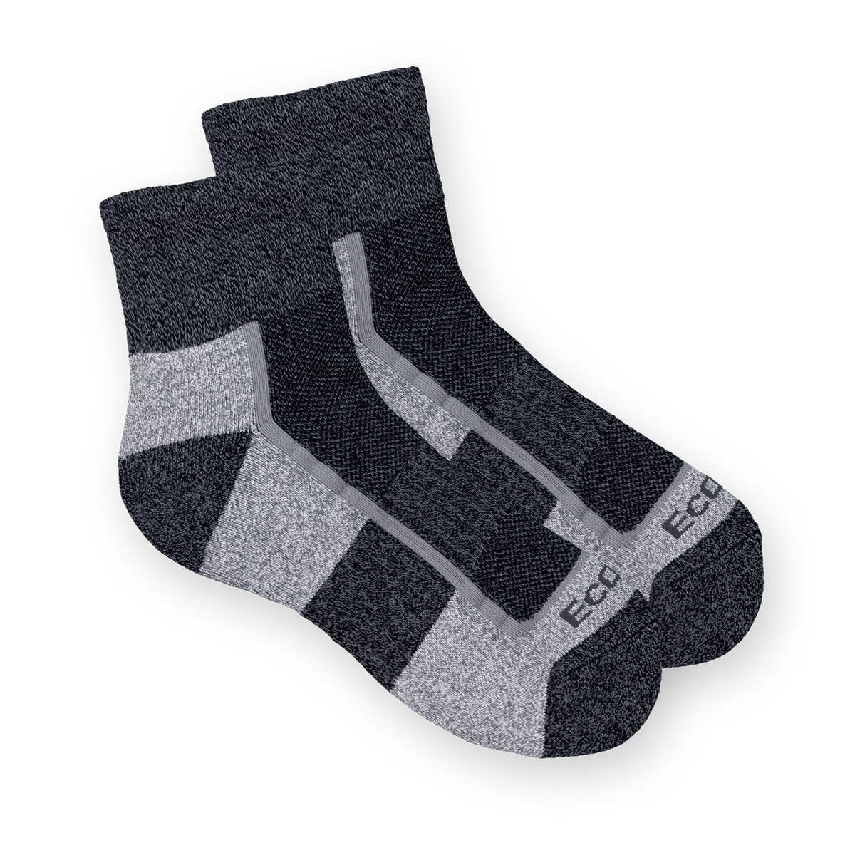 EcoSox Diabetic Bamboo Light Hiking Quarter height sock in black and gray. Socks shown laying flat. 