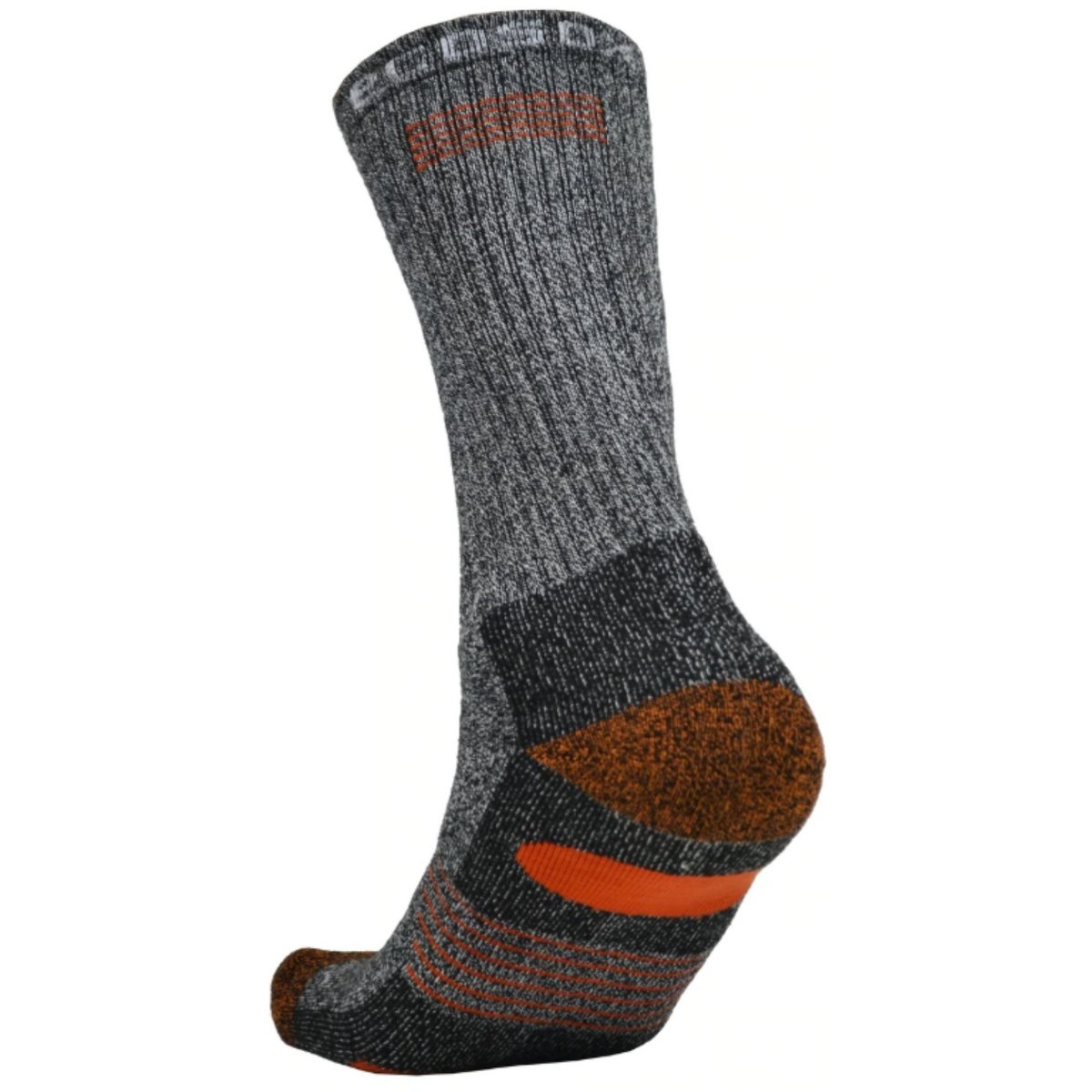 EcoSox Bamboo Hiking Full Cushion Crew height women&#39;s and men&#39;s socks in gray and orange on display foot
