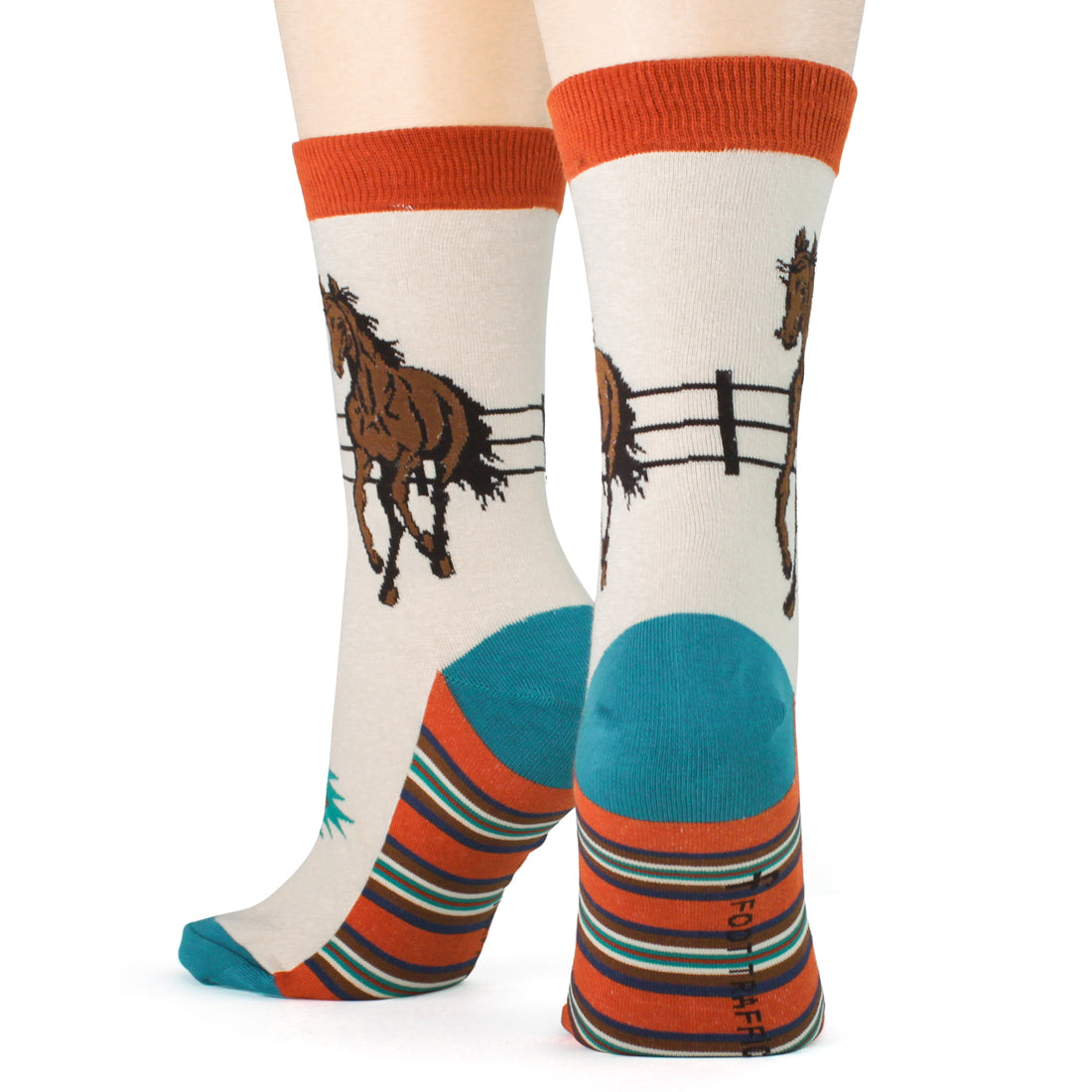 Foot Traffic Horse On the Run women&#39;s crew sock featuring brown horse running in front of a fence as seen from back
