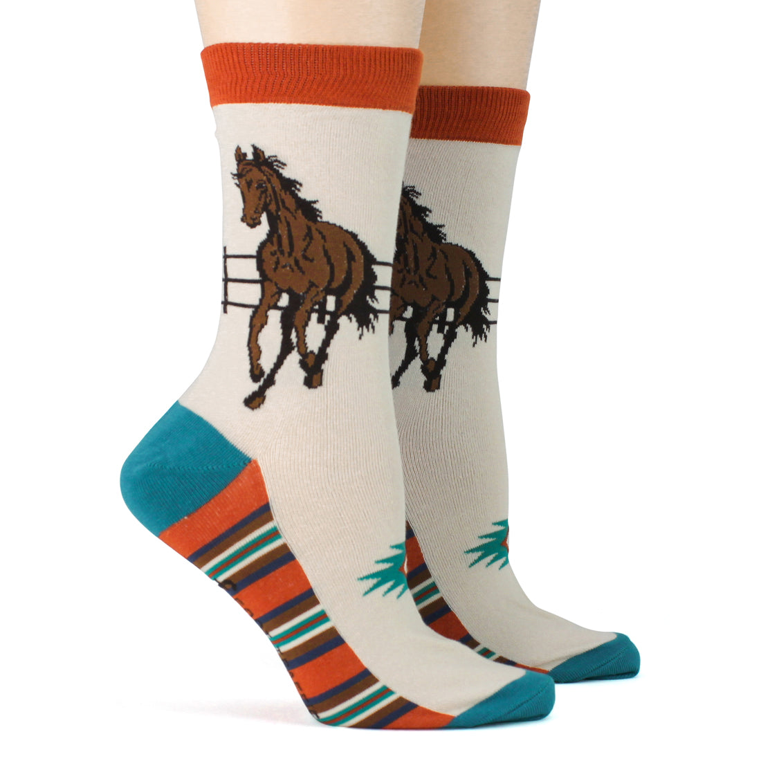 Foot Traffic Horse On the Run women&#39;s crew sock featuring brown horse running in front of a fence as seen from side as a pair