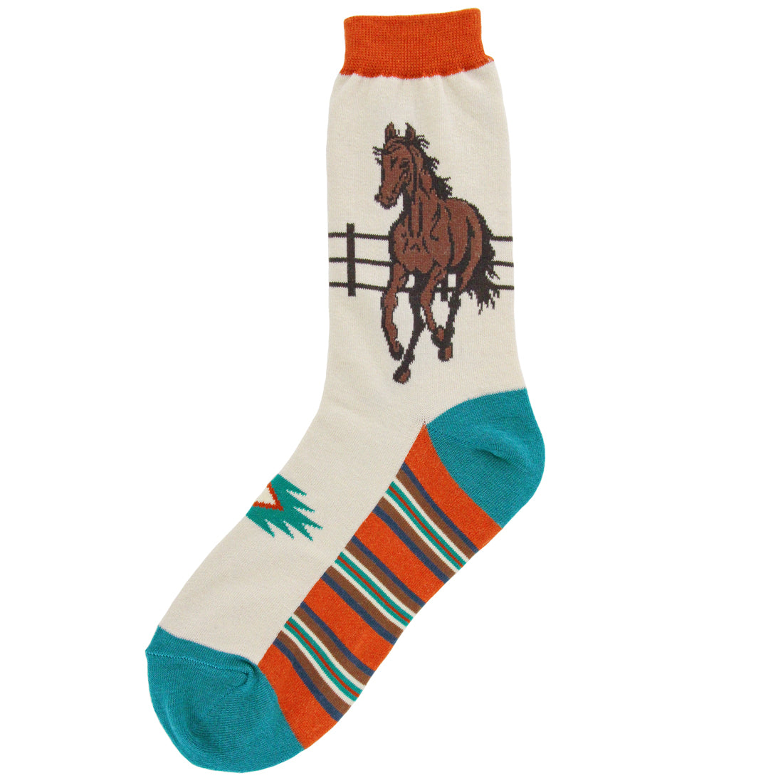 Foot Traffic Horse On the Run women&#39;s crew sock featuring brown horse running in front of a fence as seen from side