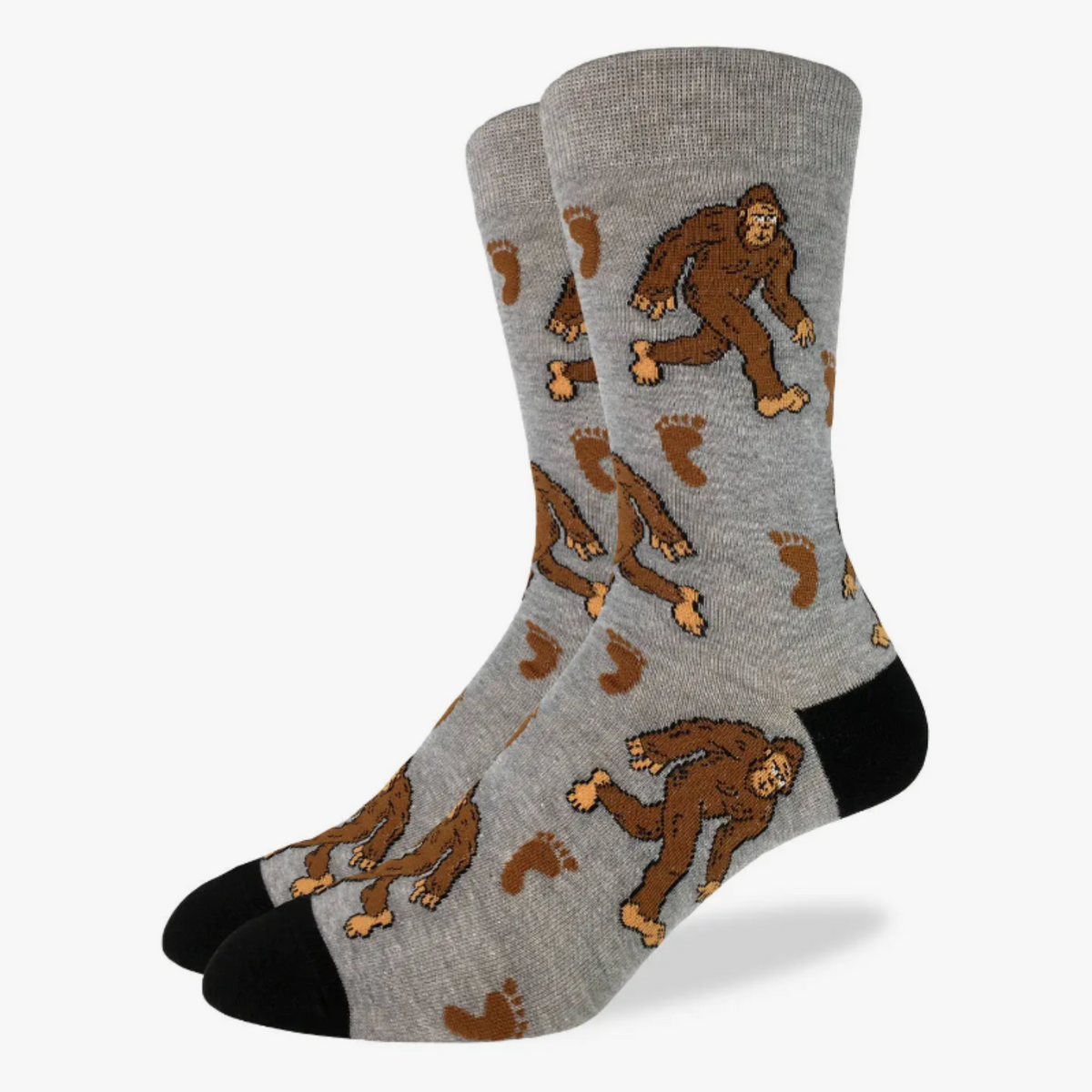 Good Luck Sock Bigfoot women&#39;s and men&#39;s sock featuring gray sock with brown Bigfoot all over