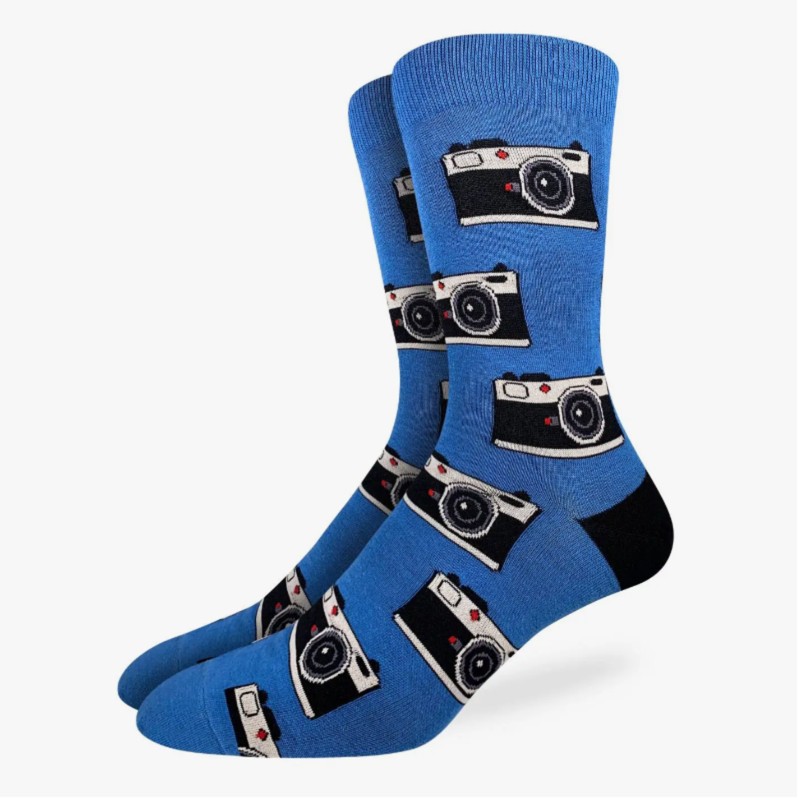 Good Luck Sock Camera men's sock featuring blue background with cameras all over