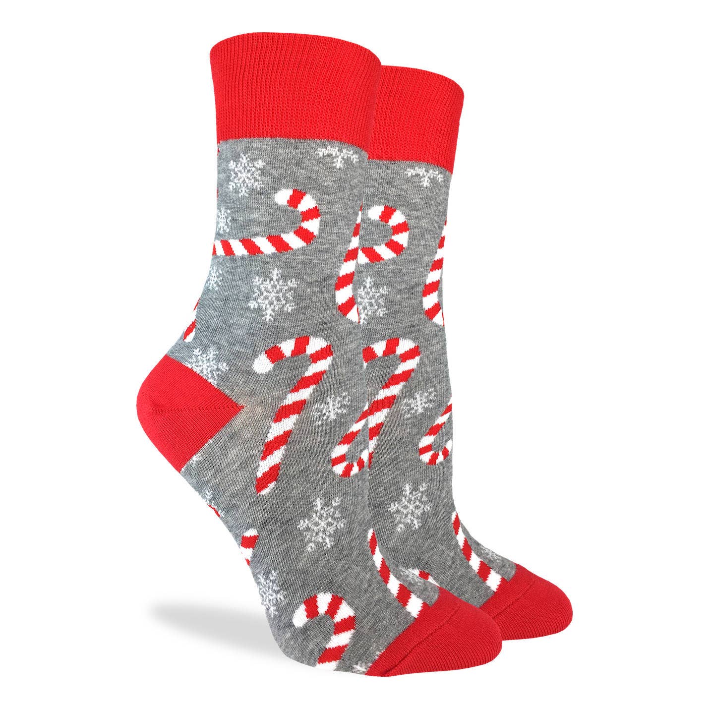 Good Luck Sock women's gray sock with red cuff, toe and heel and candy canes and snowflakes all over on display feet