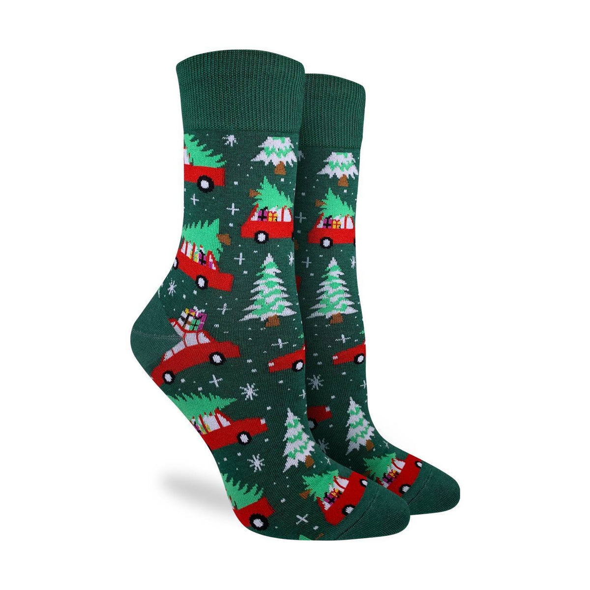 Good Luck Sock Christmas Trees women&#39;s green sock with red cars and trucks with presents on display feet