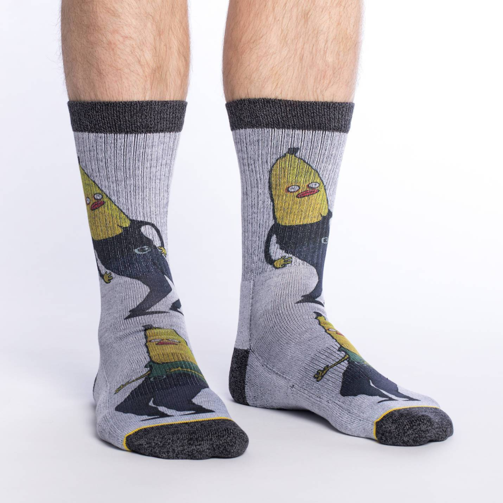 Good Luck Sock men's gray crew sock with a Banana with face, legs and arms dancing displayed on male model