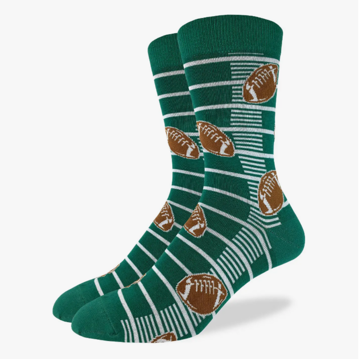 Good Luck Sock Football men&#39;s sock featuring green field with yardlines and footballs on display