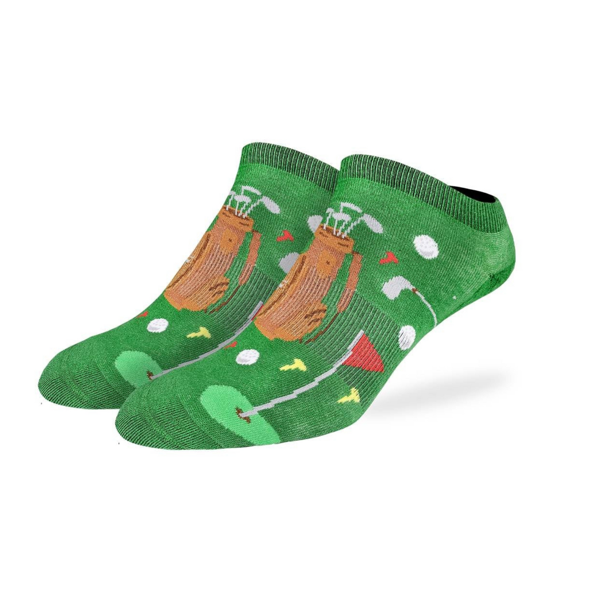 Good Luck Sock men&#39;s ankle height green sock with golf clubs, tee, and flag on display model