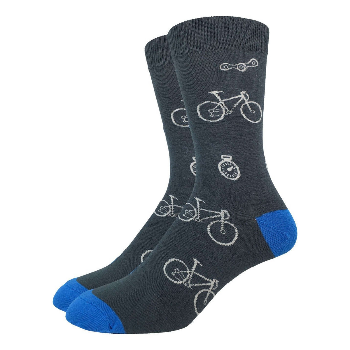Good Luck Sock Blue and Grey Bicycle men&#39;s sock featuring gray sock with blue heel and toes with white bicycles on display
