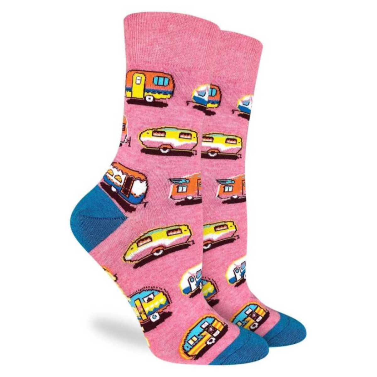 Good Luck Sock Happy Camper women&#39;s sock featuring pink sock with RV and trailers on display feet