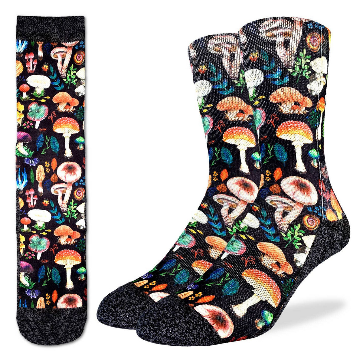 Good Luck Sock Mushroom men&#39;s socks featuring different types of mushrooms on black background on display