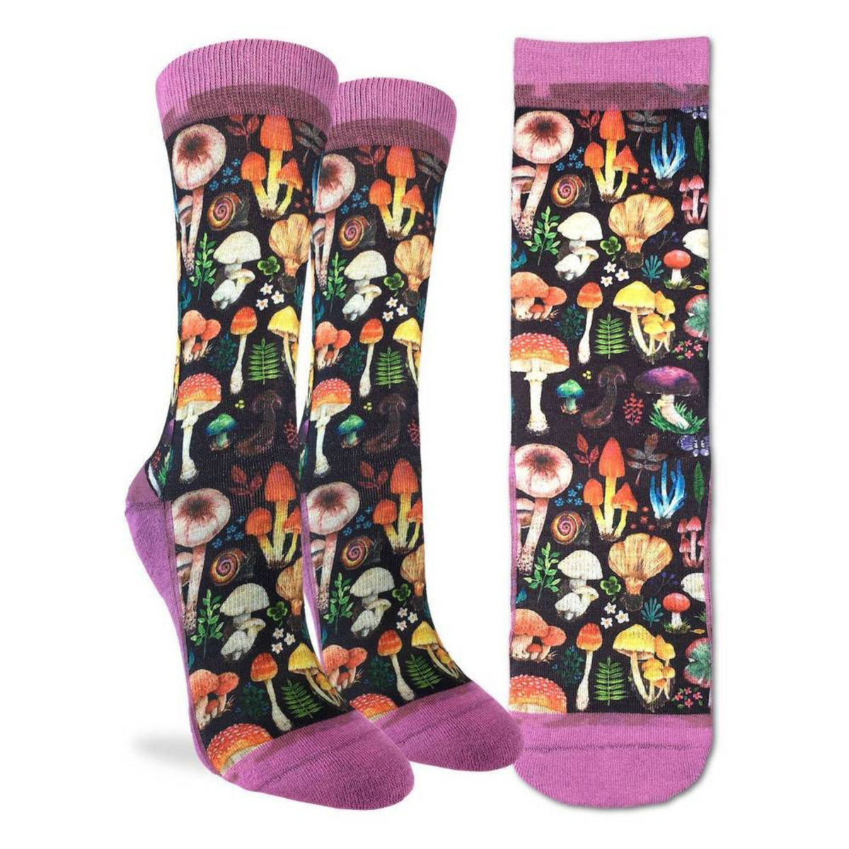 Good Luck Sock Mushroom women&#39;s socks featuring different types of mushrooms on black background on display with pink cuff, heel and toe