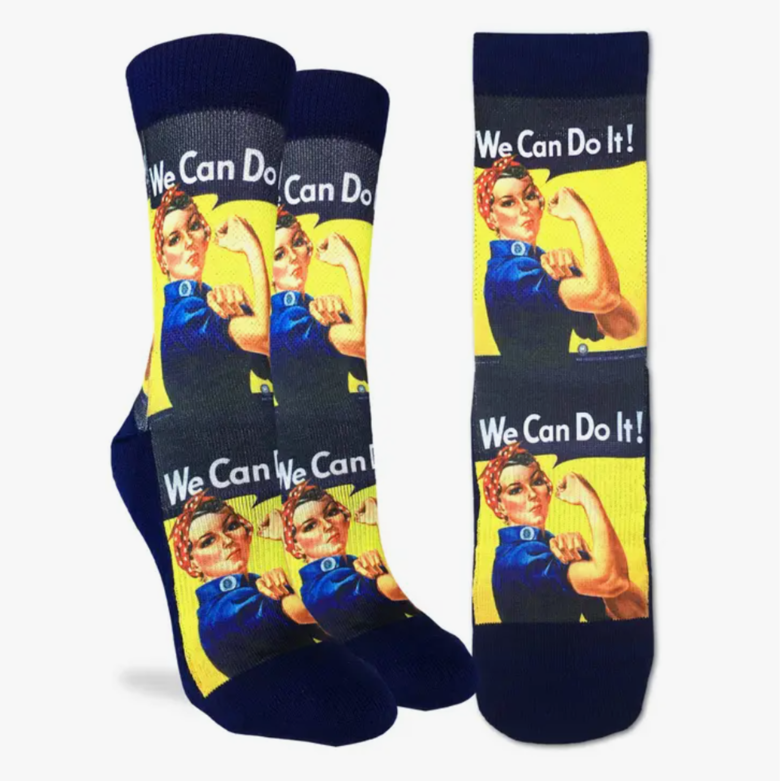 Good Luck Sock women's navy blue crew sock showing Rosie the Riveter and We Can Do It on display feet