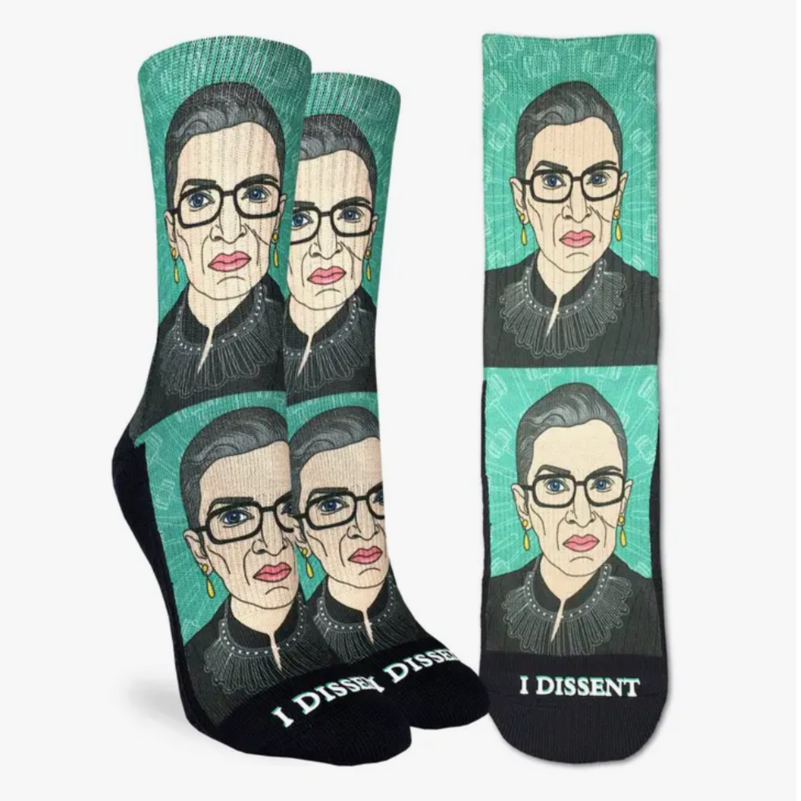Good Luck Sock green women's crew sock featuring Ruth Bader Ginsburg and I Dissent on display