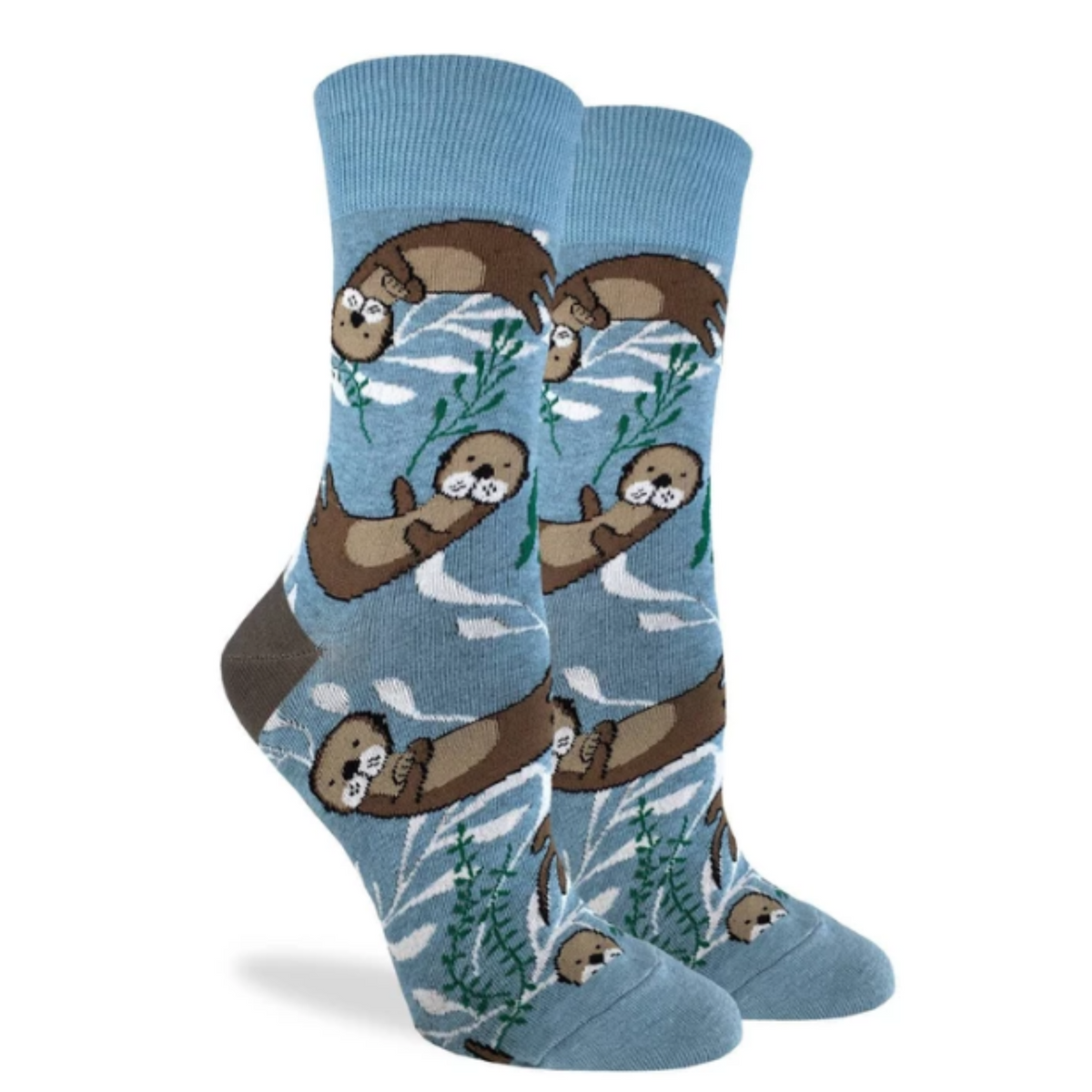 Good Luck Sock Sea Otter women&#39;s sock featuring blue sock with otters swimming with kelp