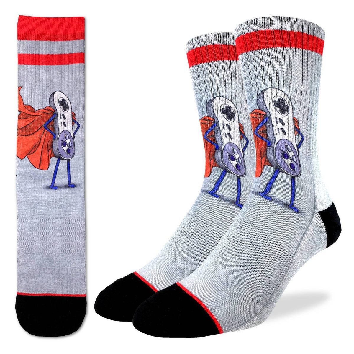 Good Luck Sock Super NES men&#39;s sock featuring NES controller with cape on gray sock