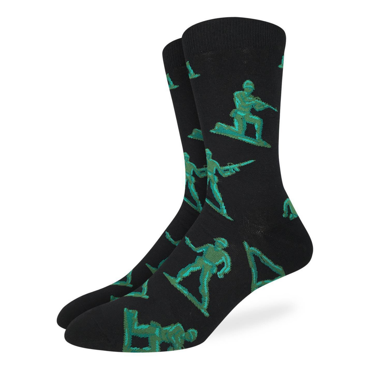 Good Luck Sock men&#39;s black crew sock with green Toy Soldiers all over on display feet