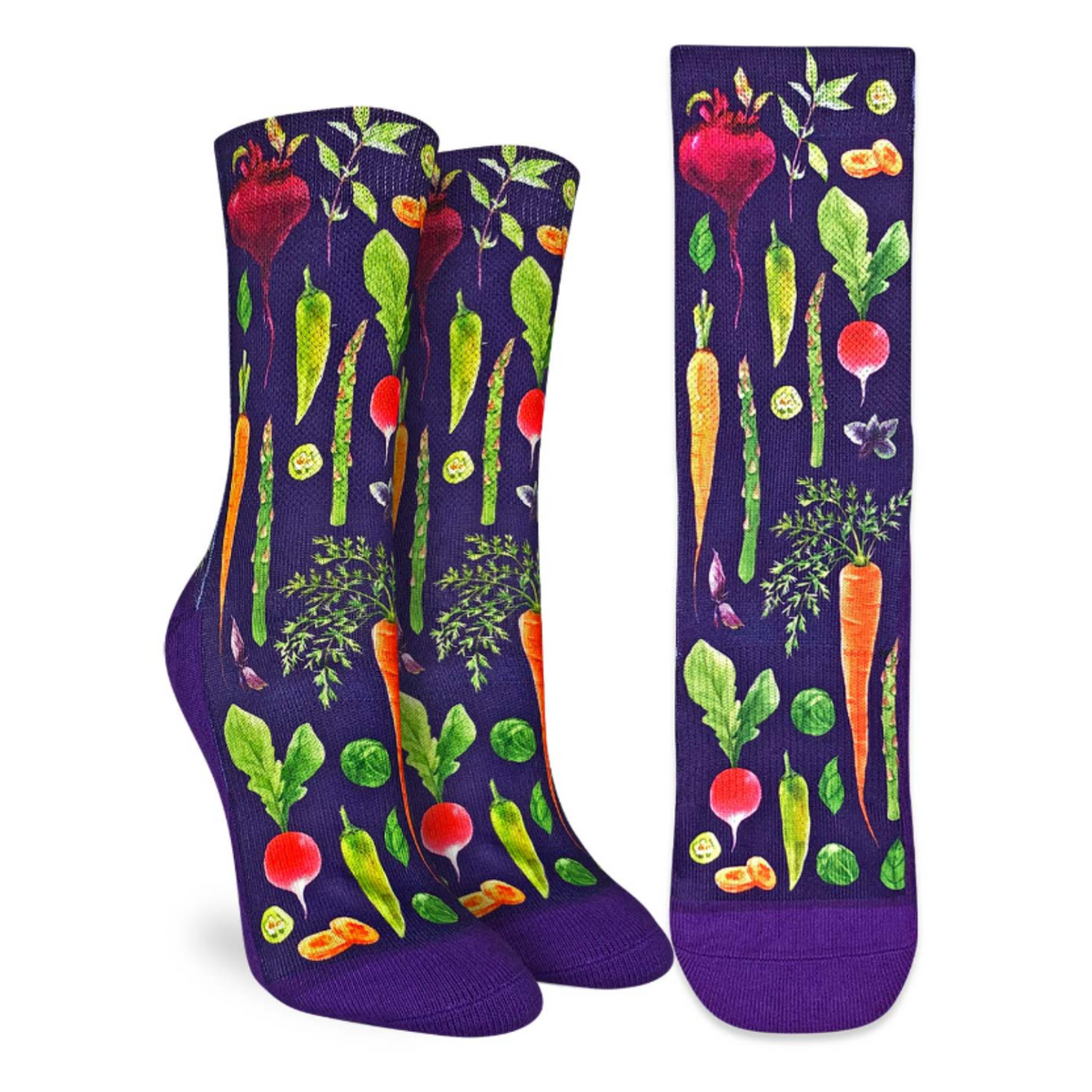 Good Luck Sock Veggies women&#39;s sock featuring purple crew sock with beets, asparagus, carrots, radishes and more on display feet
