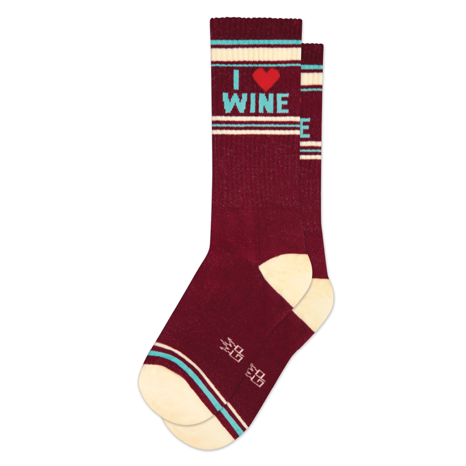 Gumball Poodle I Love Wine women's and men's sock featuring burgundy sock with I (heart symbol) Wine 
