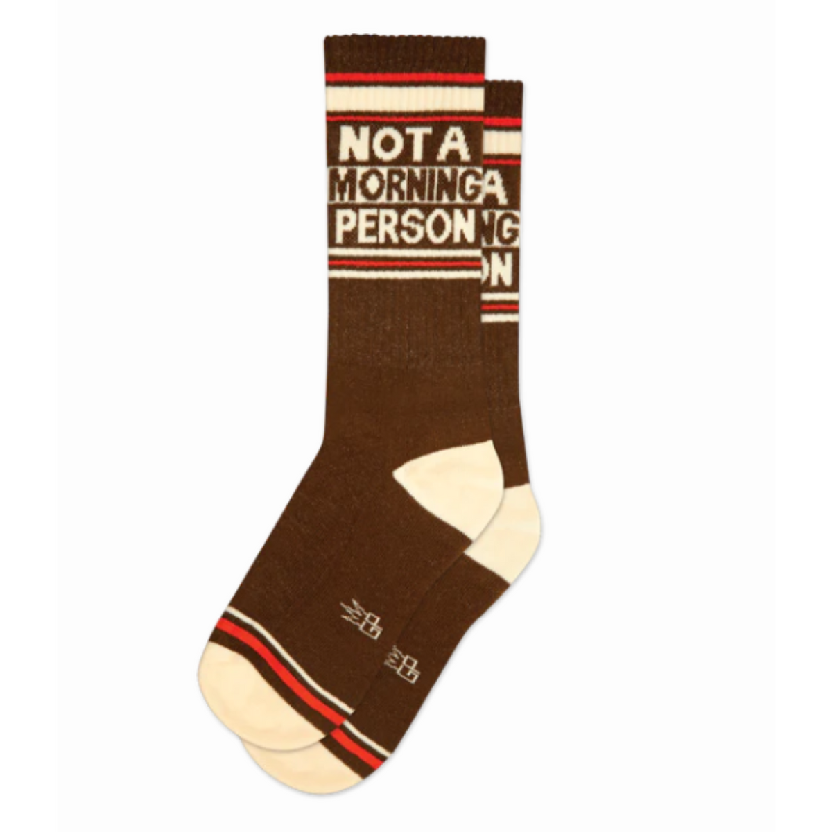 Gumball Poodle Not A Morning Person women&#39;s and men&#39;s sock featuring brown socks with Not A Morning Person in all caps 