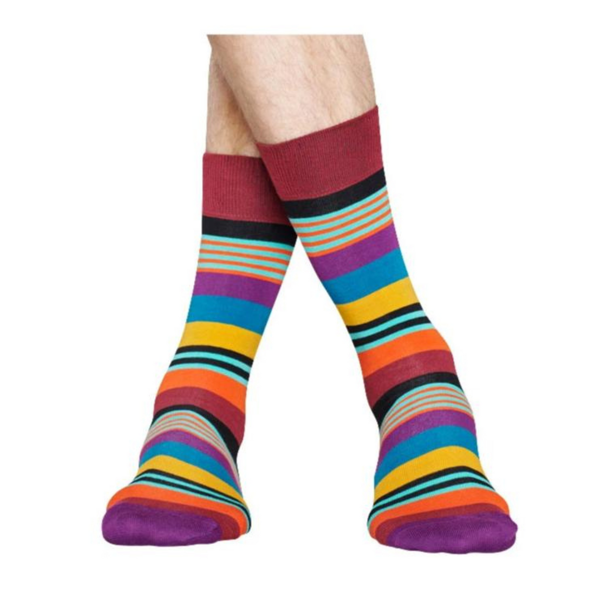 Happy Socks Multi Stripe women&#39;s and men&#39;s socks on model with ankles crossed