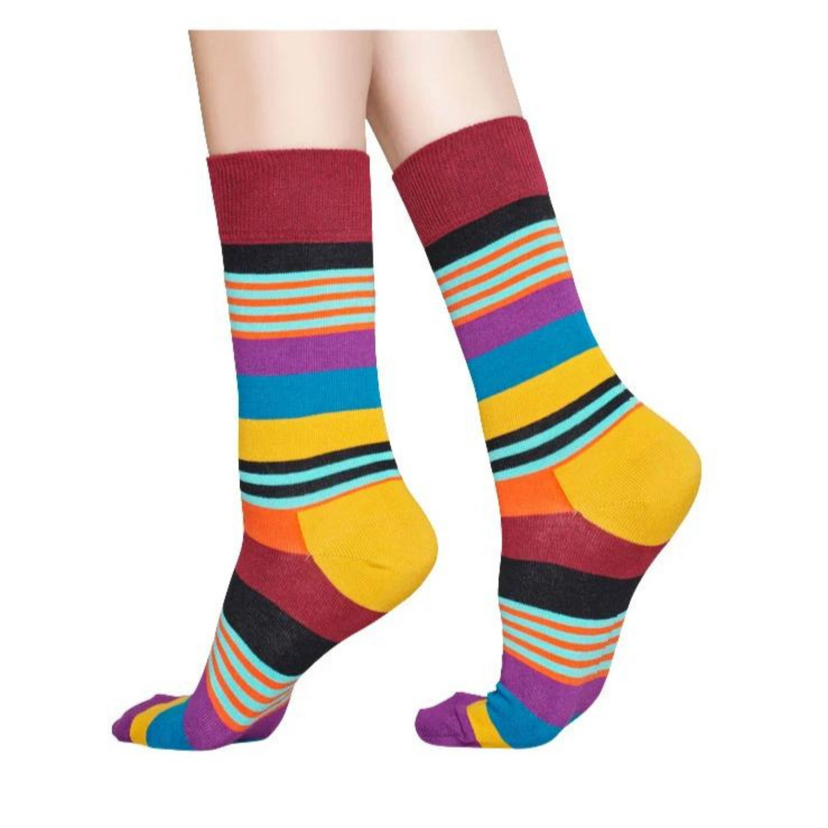 Happy Socks Multi Stripe women&#39;s and men&#39;s socks on model from side