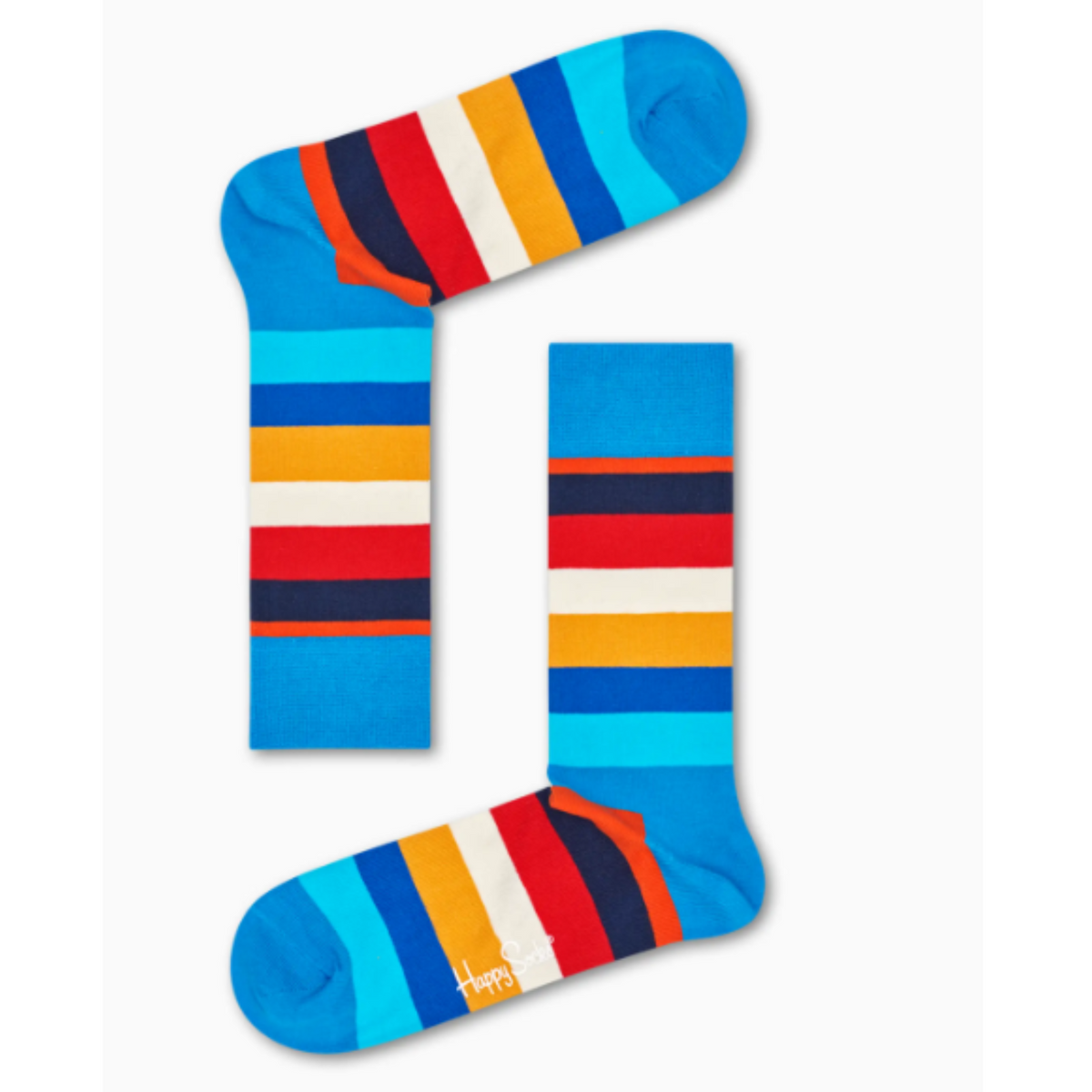 Happy Socks Stripe Blue men&#39;s sock showing multi-color striped socks with blue cuff, heel and toe