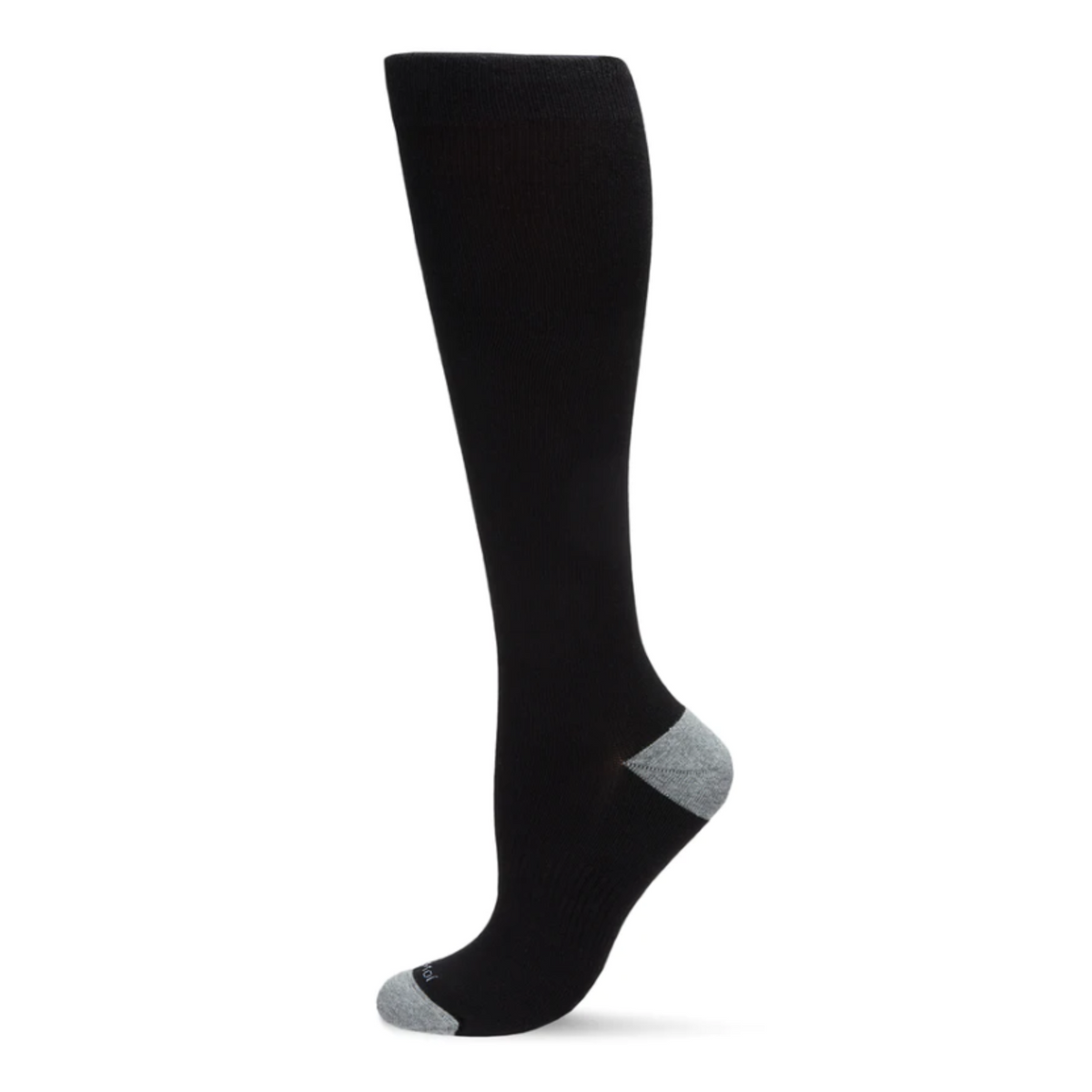 MeMoi Solid Cotton Moderate Graduated Compression (15-20mmHg) women&#39;s sock in black with contrasting gray toe and heel from side