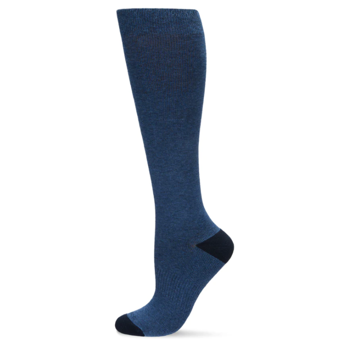 MeMoi Solid Cotton Moderate Graduated Compression (15-20mmHg) women&#39;s sock in denim with contrasting black toe and heel from side