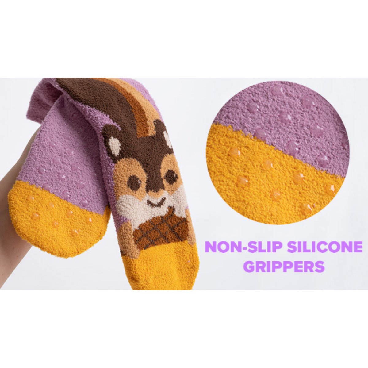 Informational image showing non-slip silicone grippers on Sock It To Me I&#39;m Nuts About You women&#39;s slipper sock featuring purple sock with image of squirrel and nut.