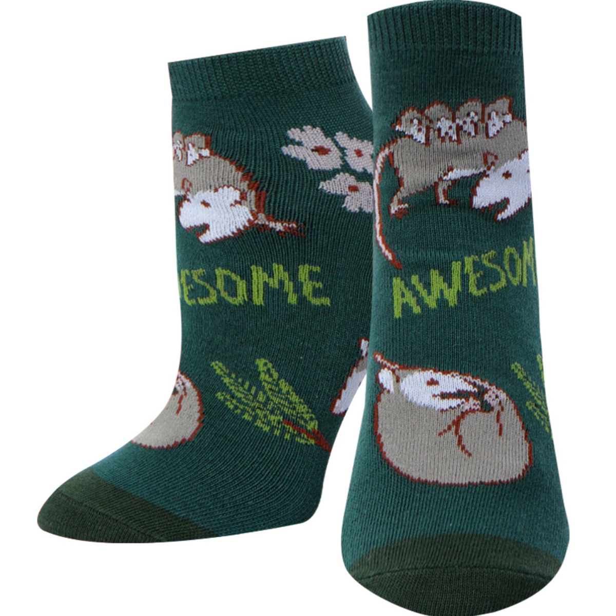 Sock Harbor Awesome Possum women&#39;s ankle sock featuring green sock with Mom possum and babies saying &quot;Awesome&quot;