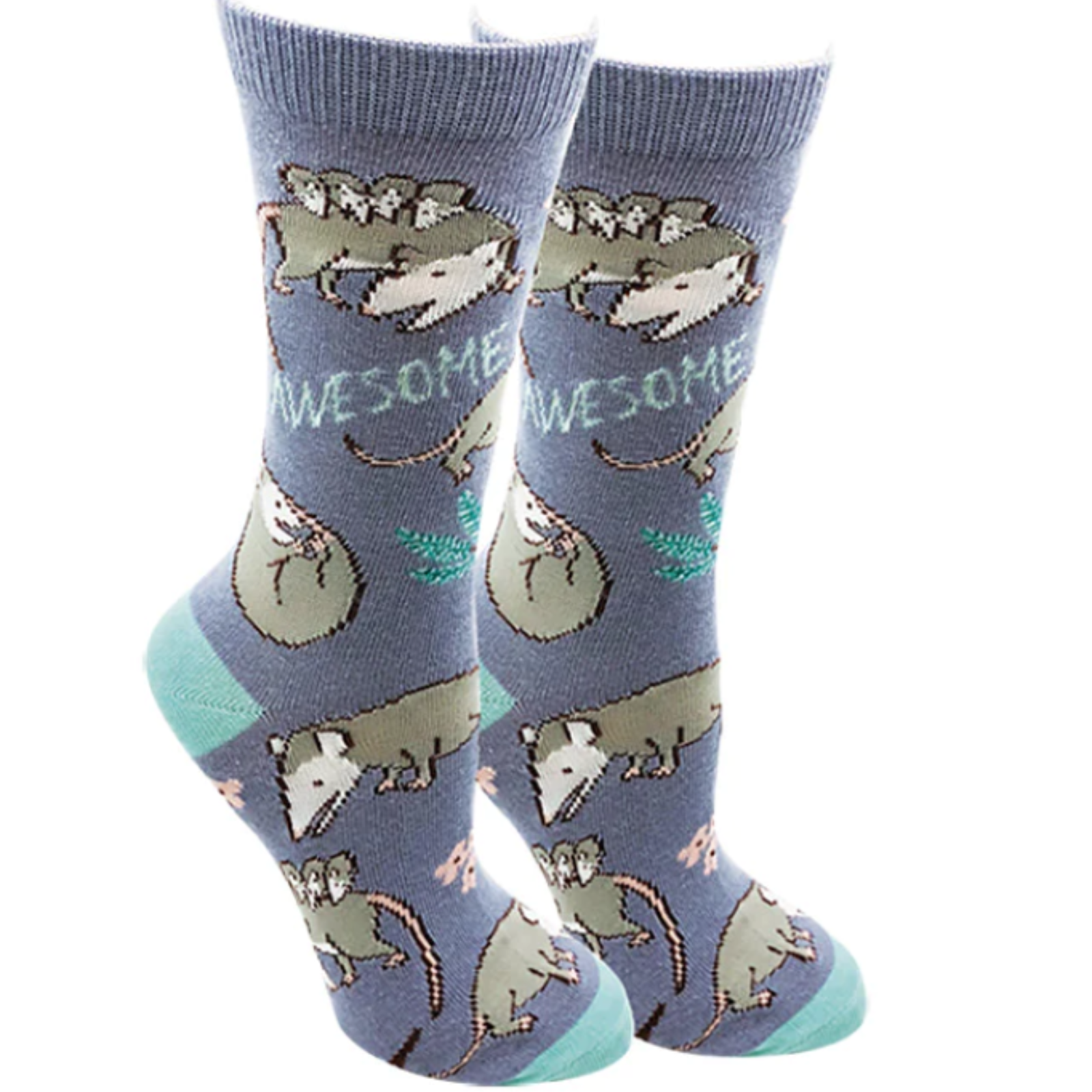 Sock Harbor Awesome Possum women's crew sock featuring purple sock with possums and Awesome Possum written