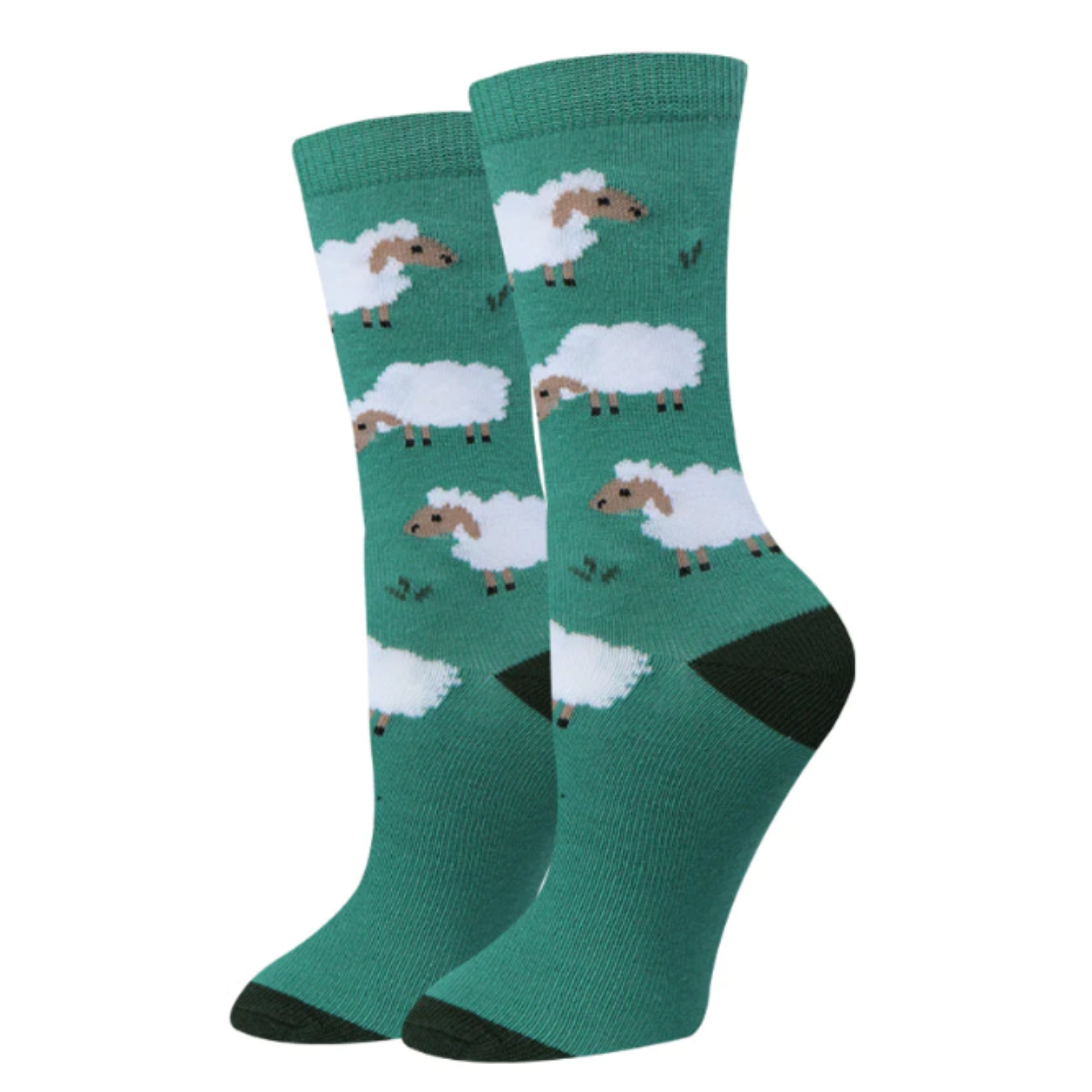 Sock Harbor Black Sheep women's sock featuring green sock with white sheep and one black sheep on display feet