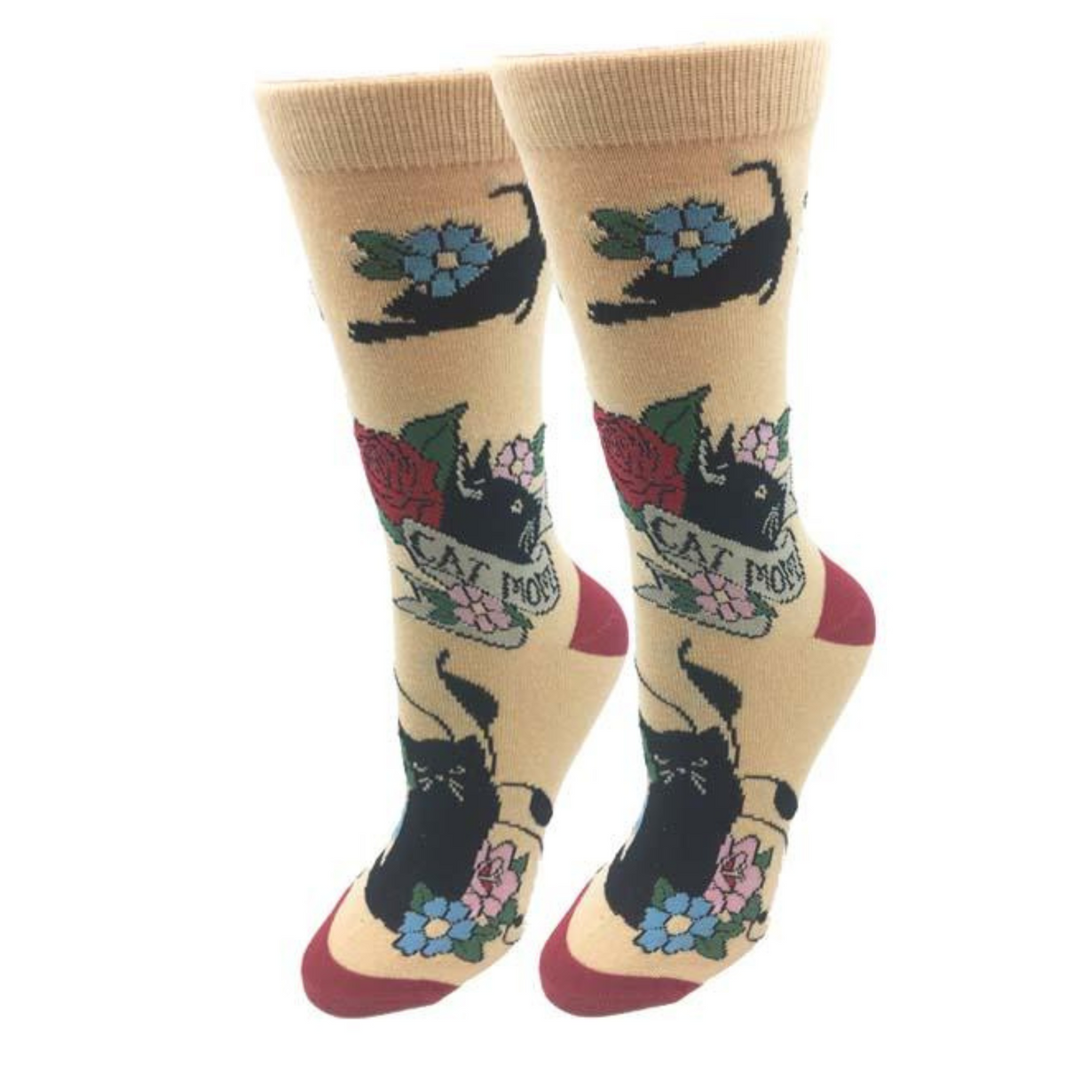 Sock Harbor Cat Mom women&#39;s crew sock in beige featuring black cats playing in flowers and &quot;Cat Mom&quot; 