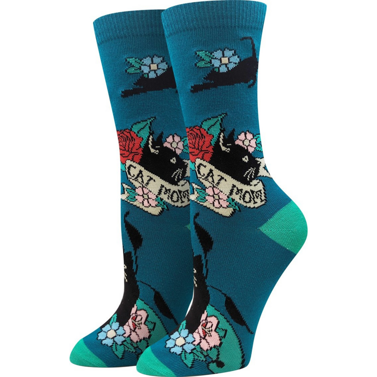 Sock Harbor Cat Mom women&#39;s crew sock in teal featuring black cat playing in flowers and &quot;Cat Mom&quot; 