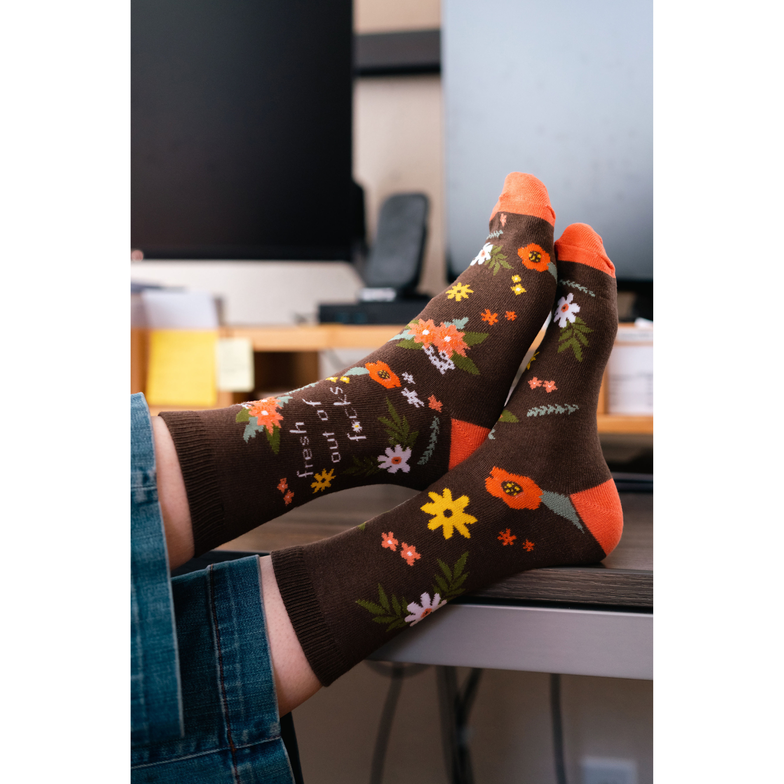 Sock Harbor Fresh Out of F*cks women's floral on brown crew sock on model's feet